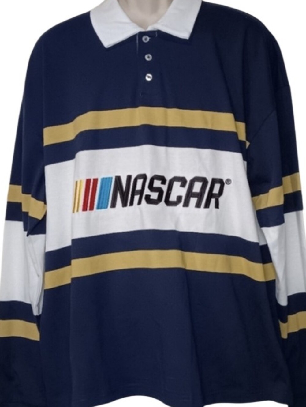 NEW! NASCAR Navy, Gold & White Long Sleeve Striped Rugby Polo Shirt Lg.